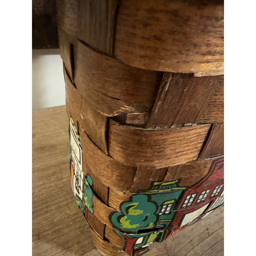 Vintage Caro-Nan Hand Painted Wooden Basket Purse Village Scene‎ Smart Set Bag